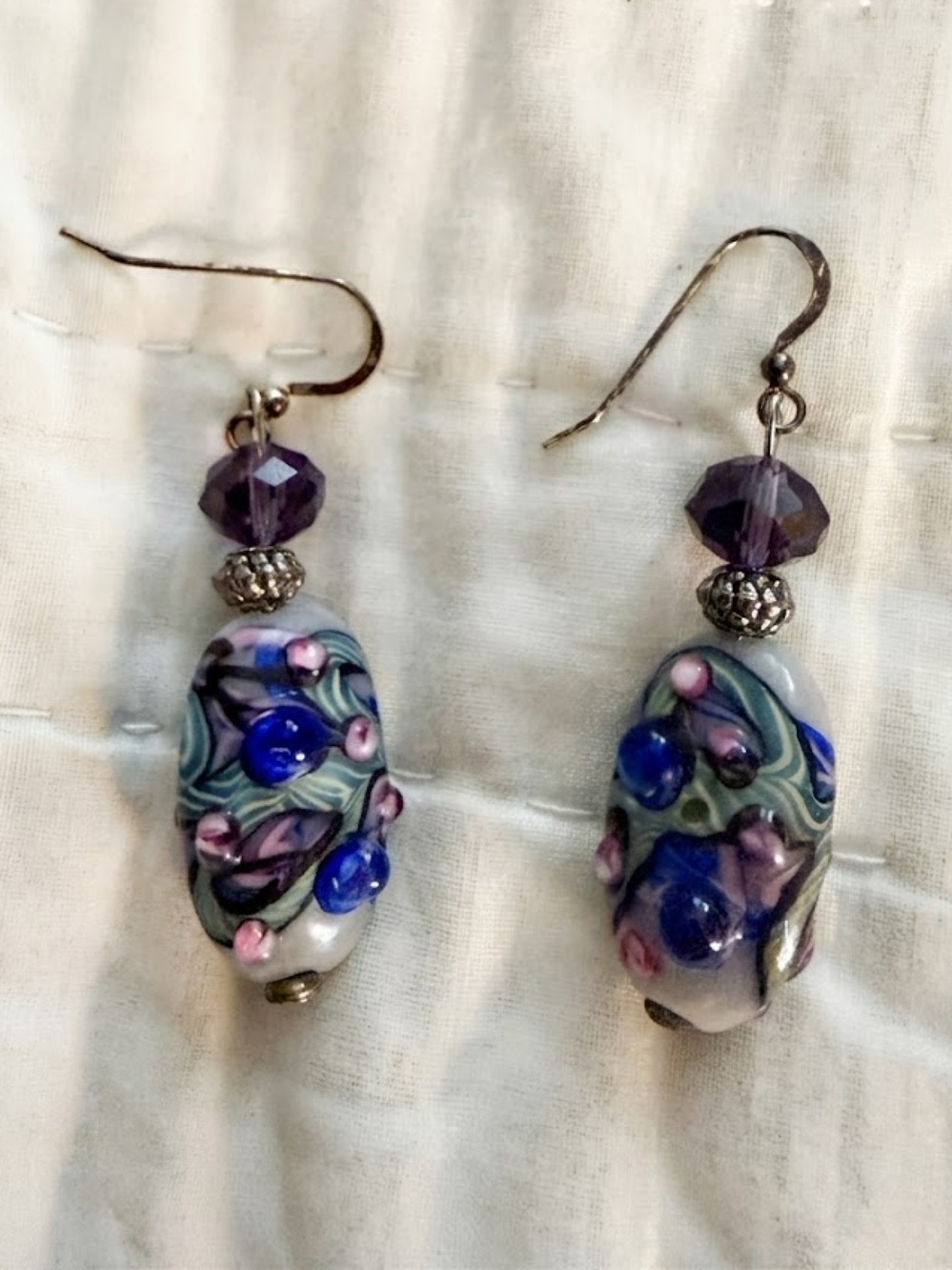 Handcrafted Floral Lampwork Earrings in Purple and Blue Beads - Picture 2 of 2